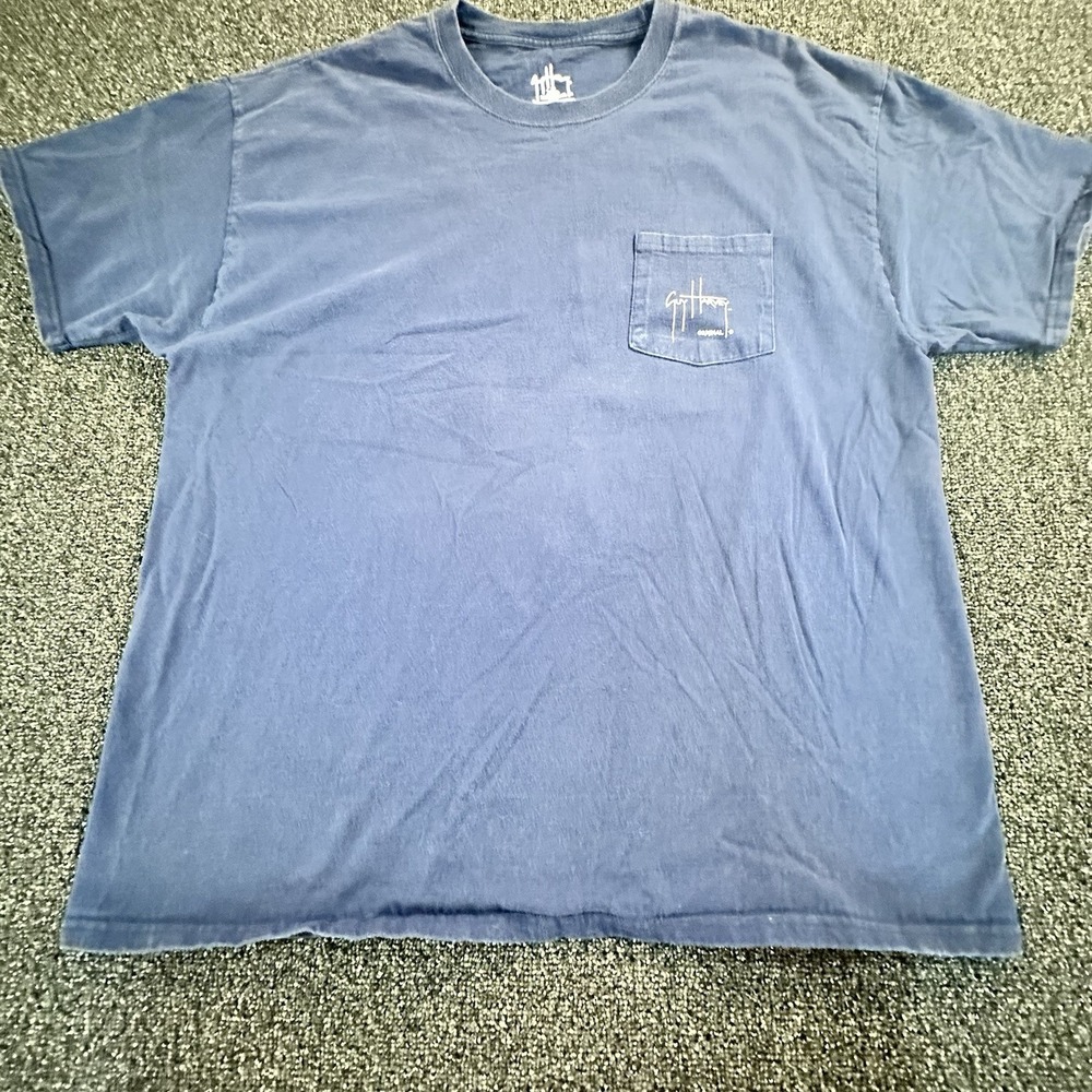 Guy Harvey AFTCO Bluewater Fishing Shirt Mens XL Navy Blue Mahi Wahoo Pocket Tee